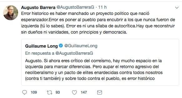 Tuit de Augusto Barrera y Guillermo Long