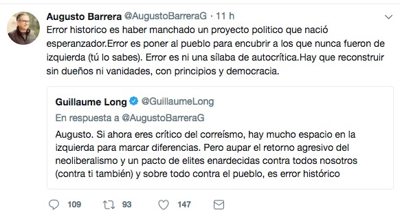 Tuit de Augusto Barrera y Guillermo Long
