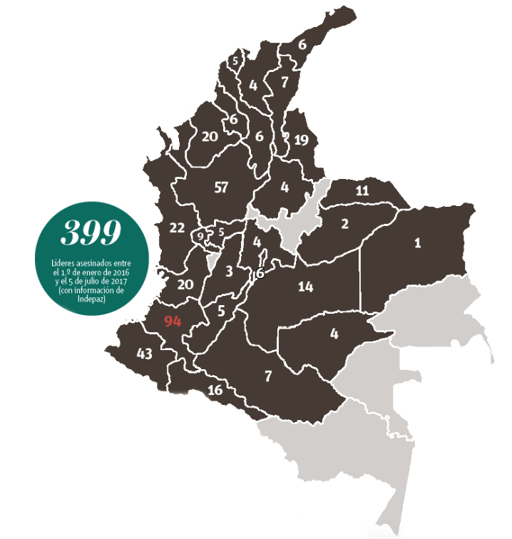 Mapa líderes sociales asesinados