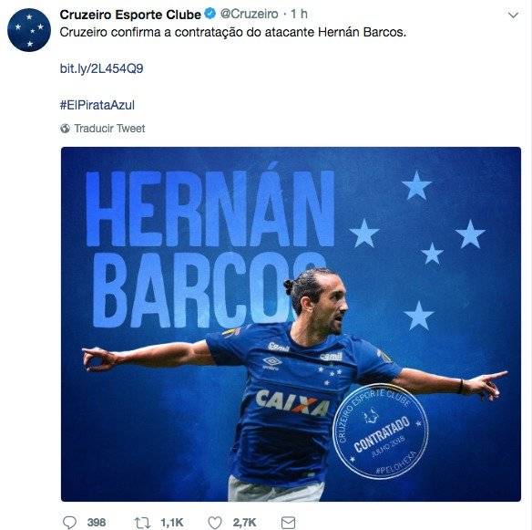 Hernán Barcos jugará en el Cruzeiro de Brasil
