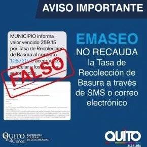 Quito: Emaseo desmiente correos y SMS sobre “valores vencidos”