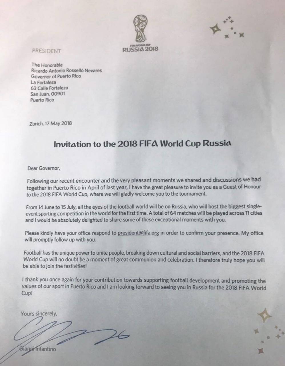 Carta de Fortaleza confirma participación de Ricardo Rosselló en la FIFA.