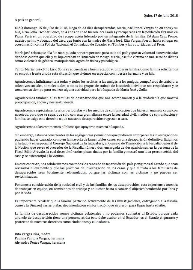 Familia de María José Ponce: "Ella fue manipulada para salir del país"