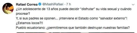Rafael Correa se pronuncia sobre sentencia "adolescentes pueden decidir su vida sexual"