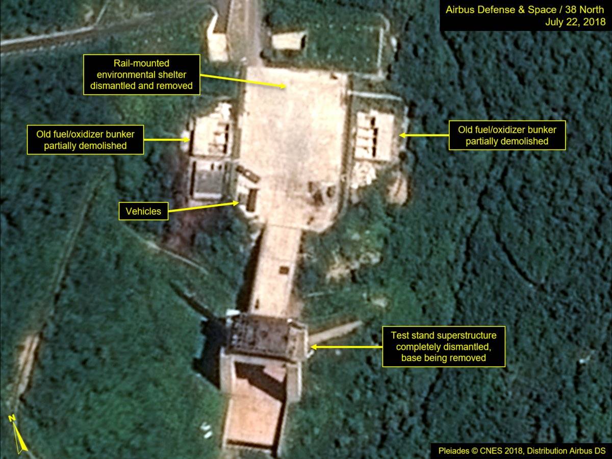 38 North dijo que Corea del Norte ha comenzado a desmantelar instalaciones clave en su principal sitio de lanzamiento de satélites en lo que parece ser un paso hacia el cumplimiento del compromiso asumido por el líder Kim Jong-un en su cumbre con el presi