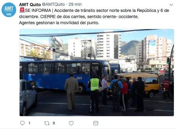 Quito: Cierre sobre la avenida República y 6 de diciembre por siniestro de tránsito