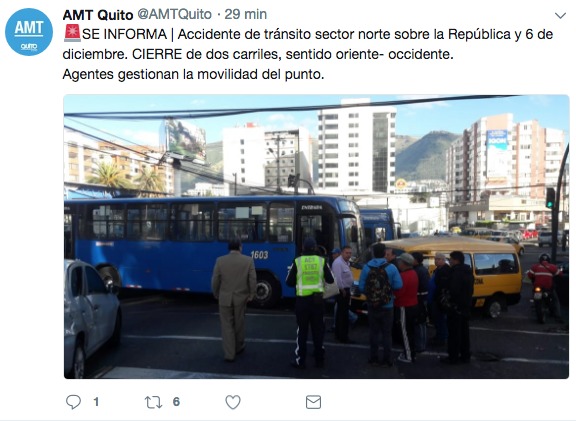 Quito: Cierre sobre la avenida República y 6 de diciembre por siniestro de tránsito