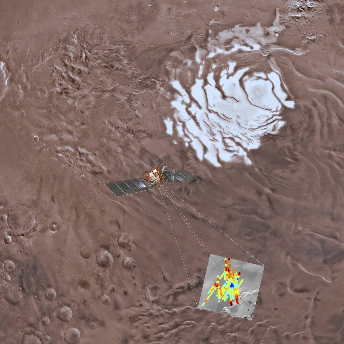 Esta imagen proveída por ESA/INAF muestra ua representación artística de la sonda Mars Express examinando el hemisferio sur de Marte. El triángulo azul en la parte baja a la derecha indica un área de gran reflectividad, muy probablemente causada por la pr