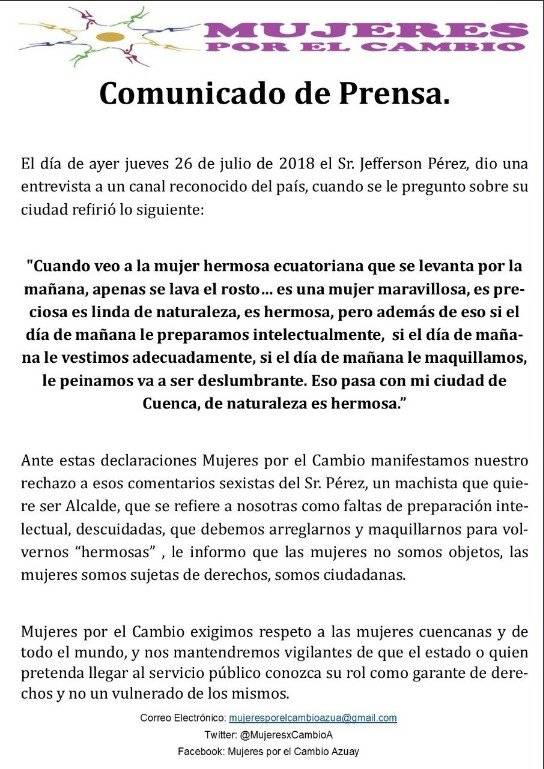 Comunicado de prensa de Mujeres por el Cambio