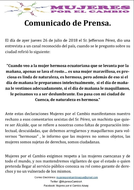 Comunicado de prensa de Mujeres por el Cambio Comunicado de prensa de Mujeres por el Cambio