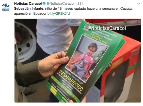 Rescatan en Tulcán a menor de 18 meses raptado en Cúcuta