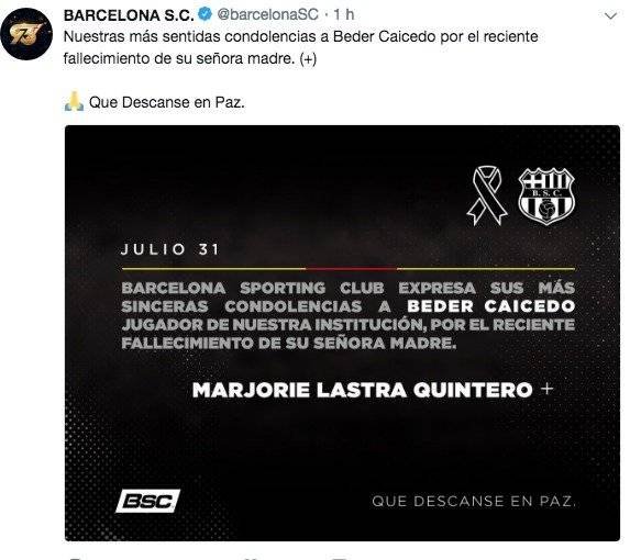 Beder Caicedo no entrenó con Barcelona SC por el fallecimiento de su madre