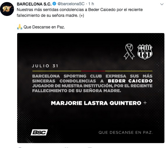 Beder Caicedo no entrenó con Barcelona SC por el fallecimiento de su madre