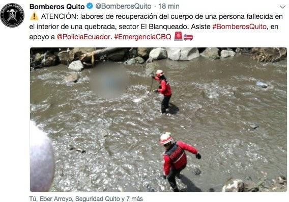 Quito: Bomberos recuperan cadáver en una quebrada del sector El Blanqueado