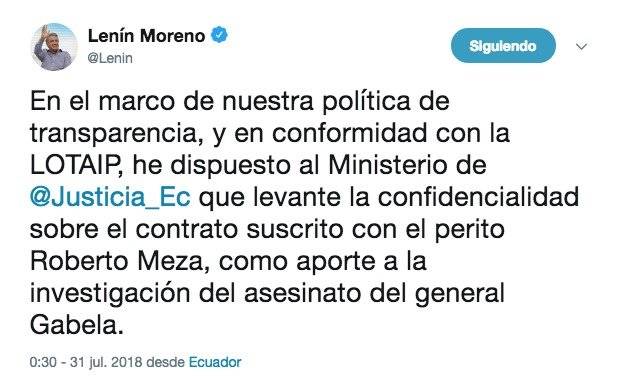 Caso Gabela: Lenín Moreno dispone que se levante confidencialidad sobre contrato con perito Roberto Meza