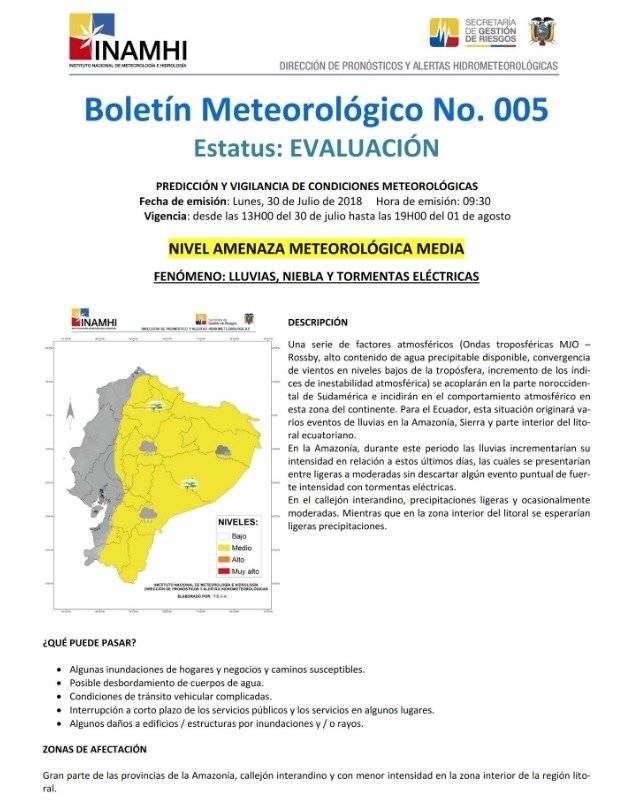 Quito: Inamhi pronostica lluvias para los próximos días