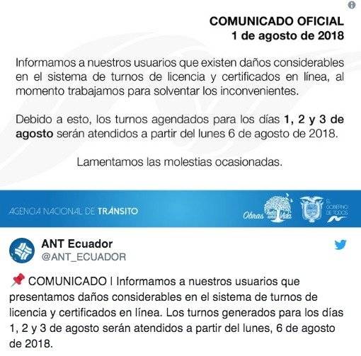 ANT reporta daños en el sistema de turnos de licencia y certificados en línea