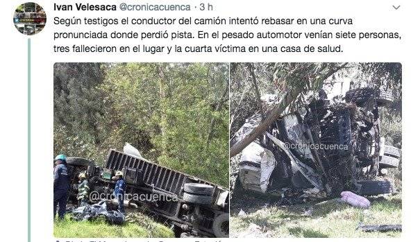 Choque entre un camión y una camioneta deja cuatro muertos en Biblián