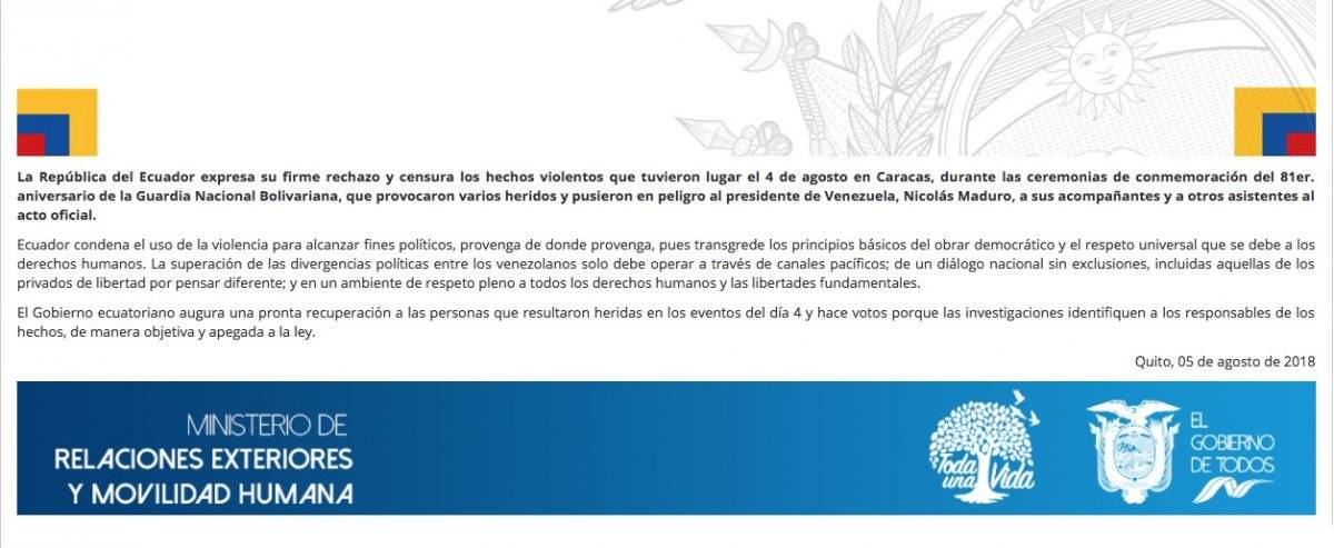 Ecuador expresa su rechazo al fallido "atentado" contra Maduro