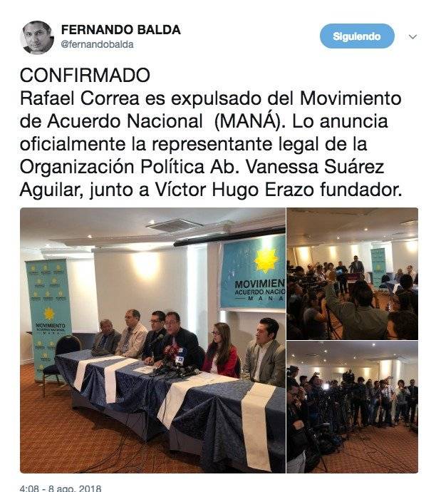 Rafael Correa fue expulsado del movimiento MANÁ