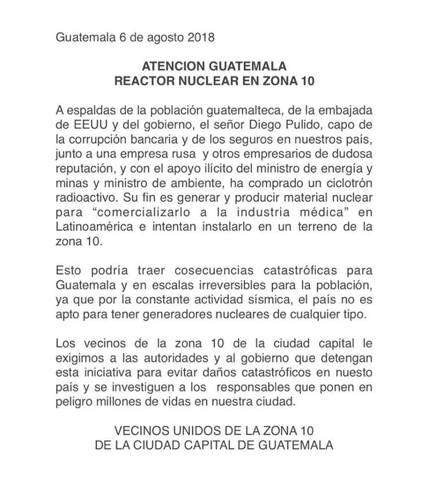 Vecinos alarmados por instalación de un ciclotrón en Guatemala.