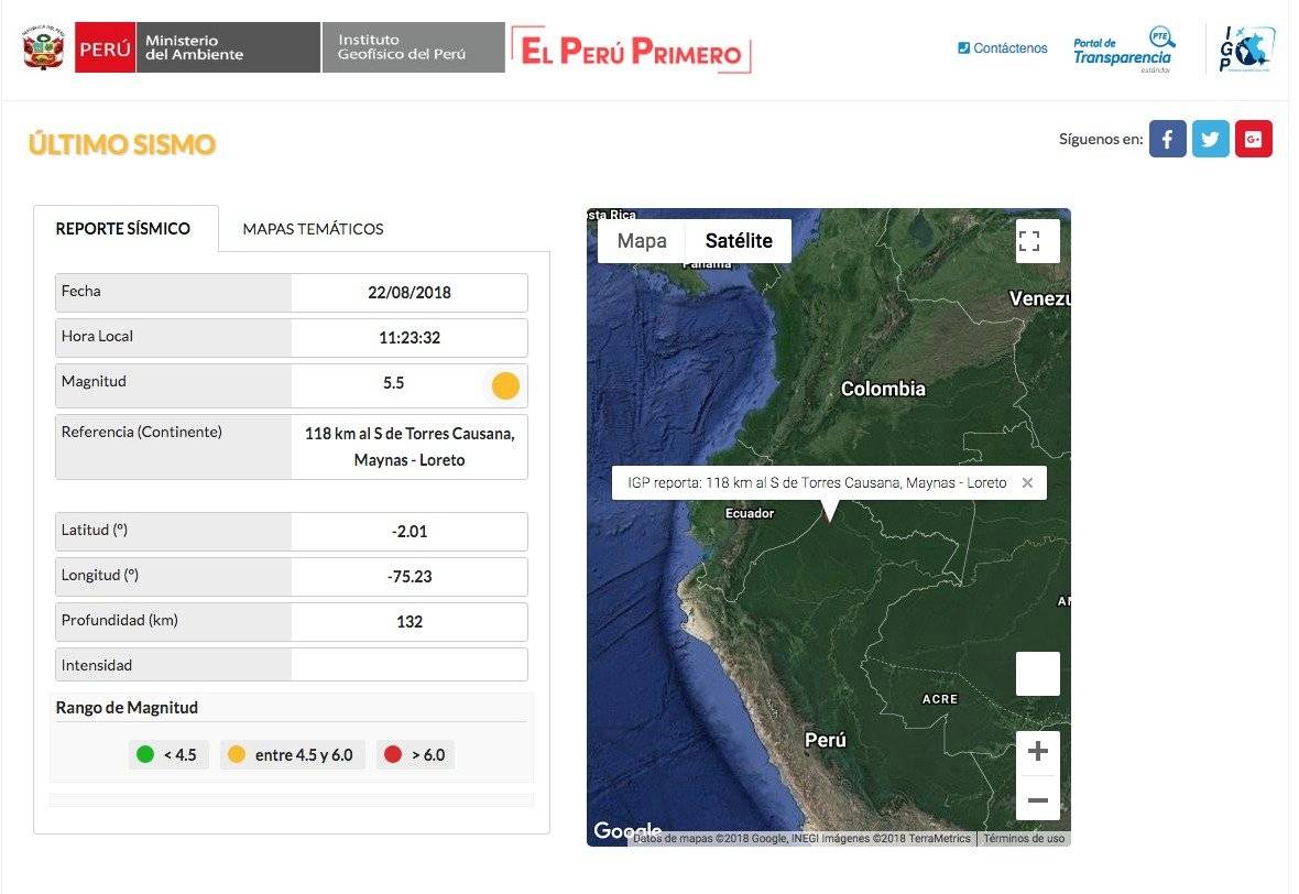 Ecuador: Sismo de 5,7 en frontera con Perú, en el departamento de Loreto