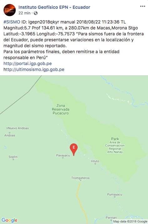 Ecuador: Sismo de 5,7 en frontera con Perú, en el departamento de Loreto