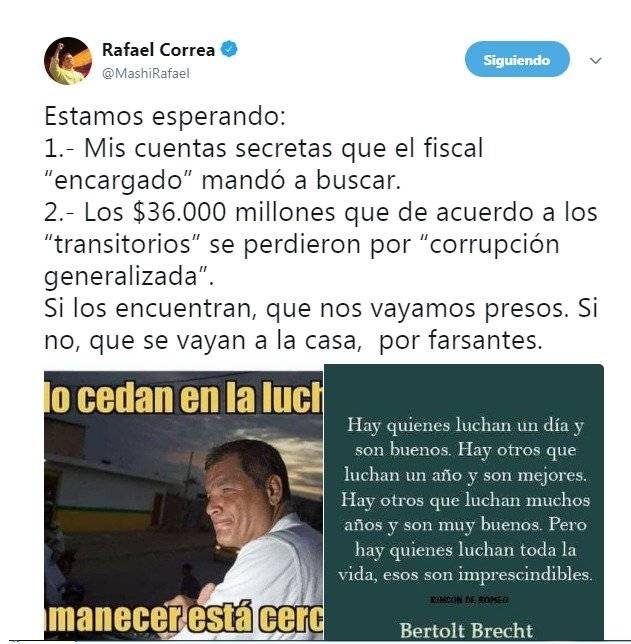 Rafael Correa sigue esperando resultados sobre sus "cuentas secretas" y millones perdidos por corrupción