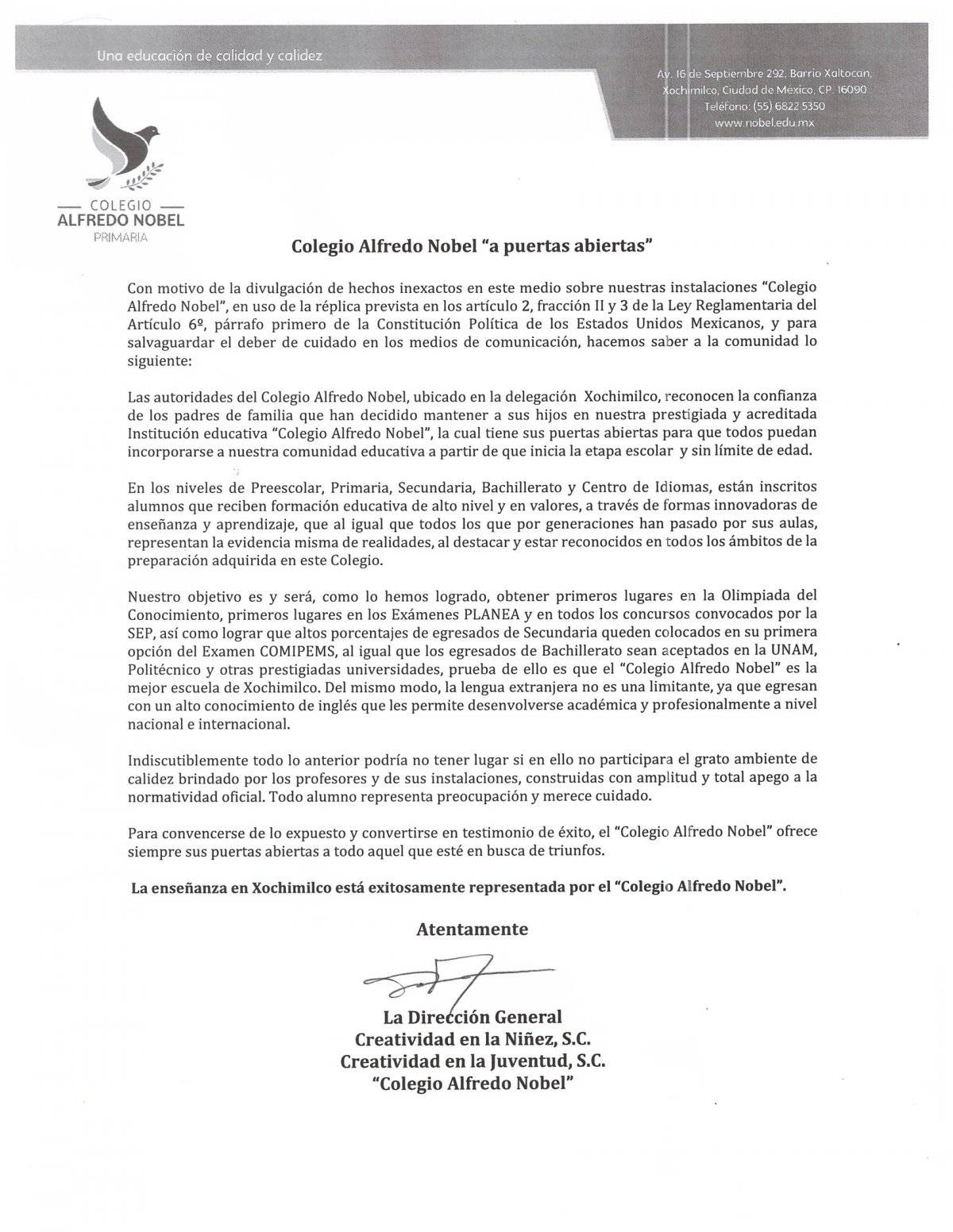 Derecho de réplica del Colegio Alfredo Nobel