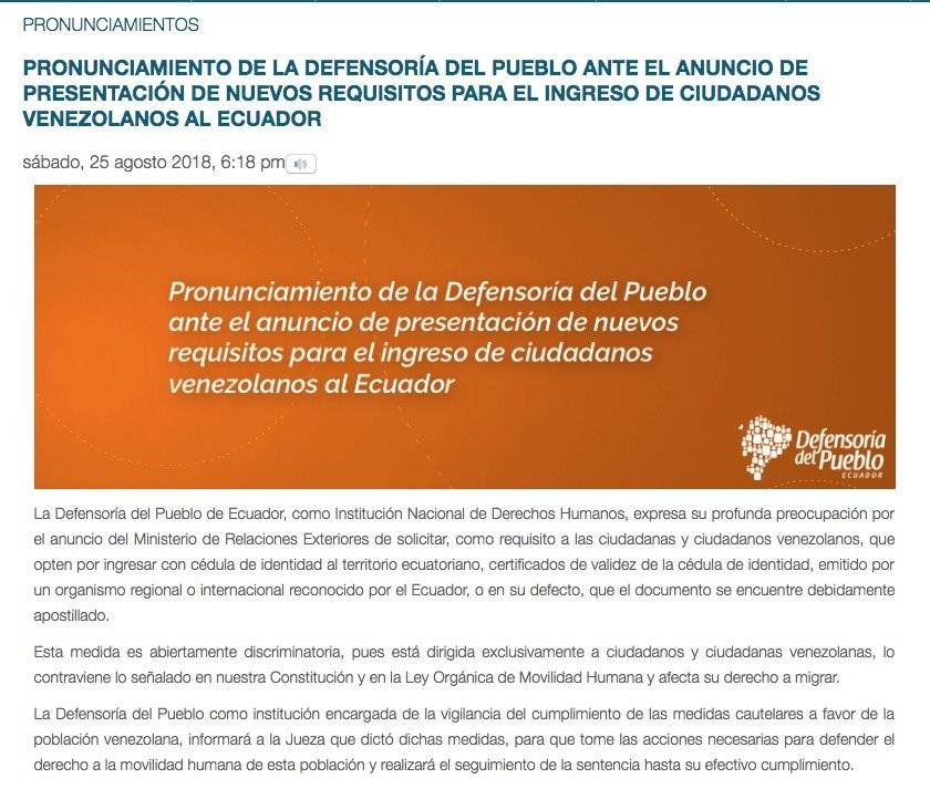 Defensoría del Pueblo realiza pronunciamiento ante el anuncio de nuevo requisitos para ingreso de venezolanos