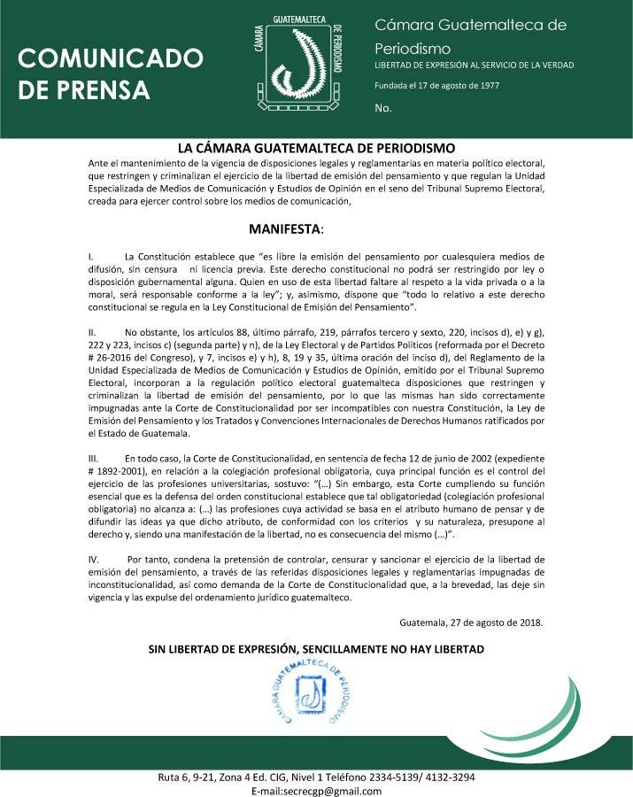 Comunicado de la Cámara Guatemalteca de Periodismo