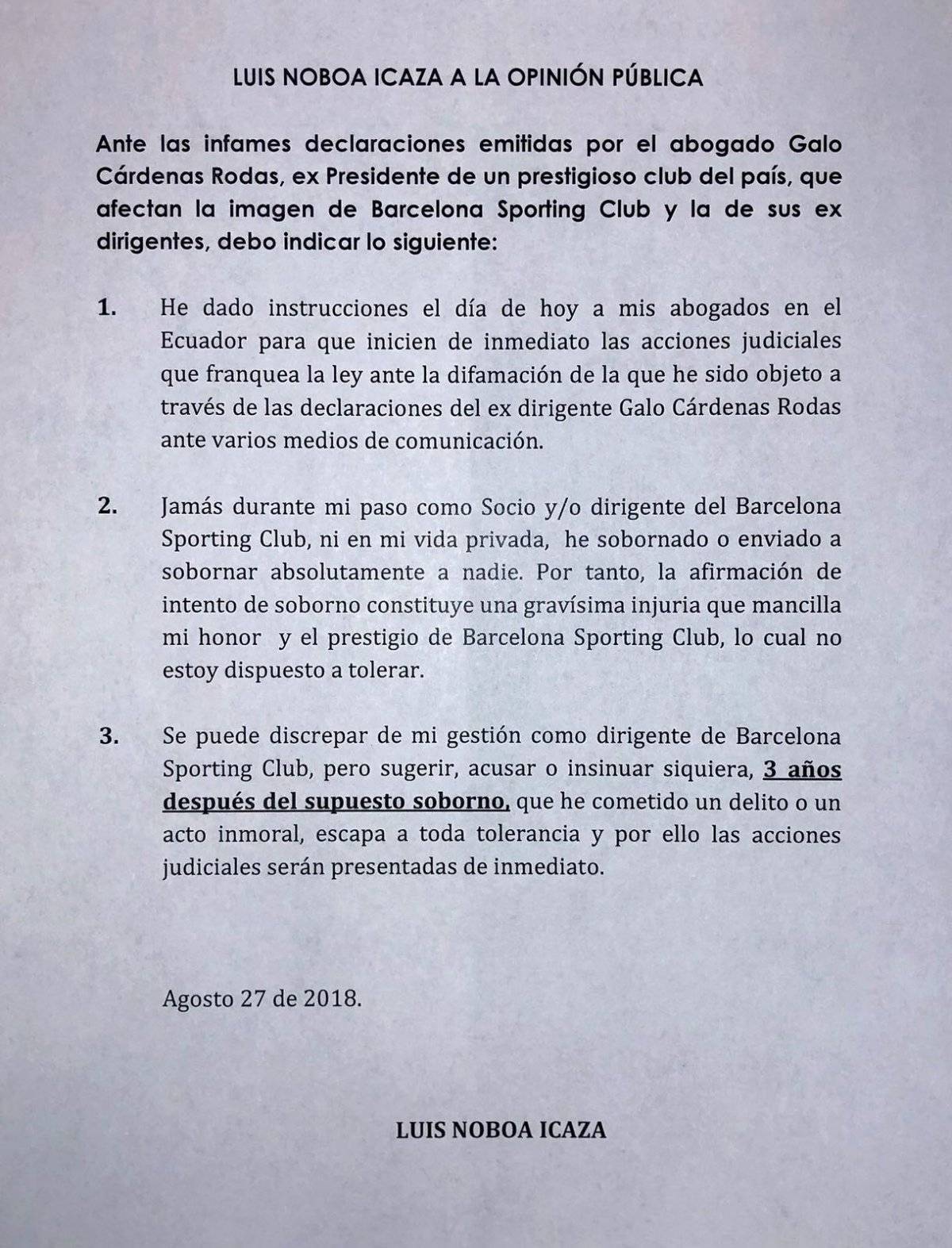 Comunicado Luis Noboa
