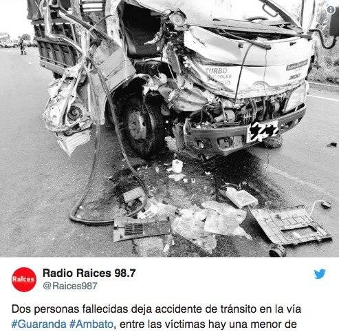 Choque entre un camión y una volqueta dejó dos fallecidas en la vía Ambato-Guaranda