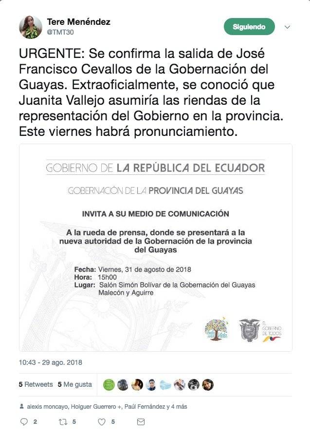 José Francisco Cevallos sale de la Gobernación del Guayas