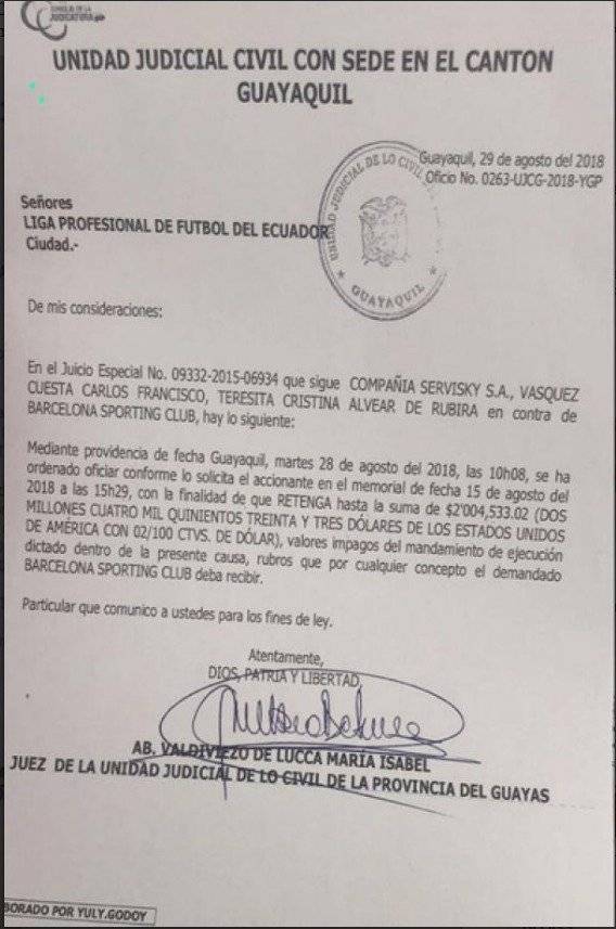 Unidad Judicial pide a la Liga Profesional retención de 2 millones a Barcelona SC