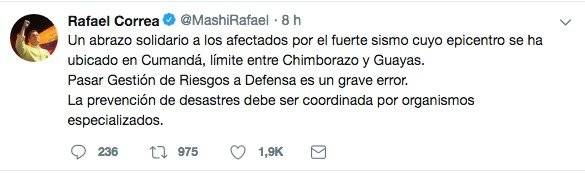 Rafael Correa y su mensaje en redes sociales tras el sismo en Cumandá, Chimborazo