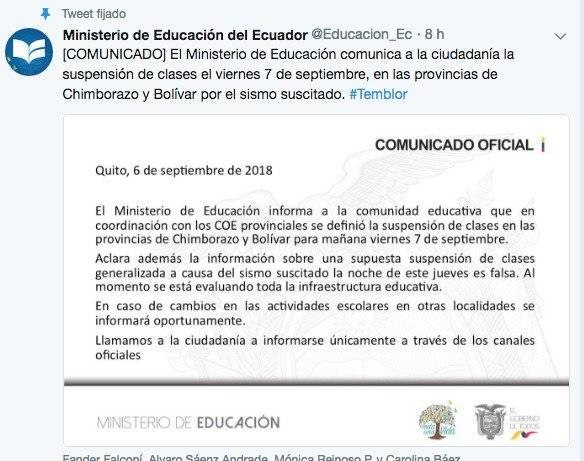 Ministerio de Educación: Se suspenden clases en Chimborazo y Bolívar tras sismo de 6.5