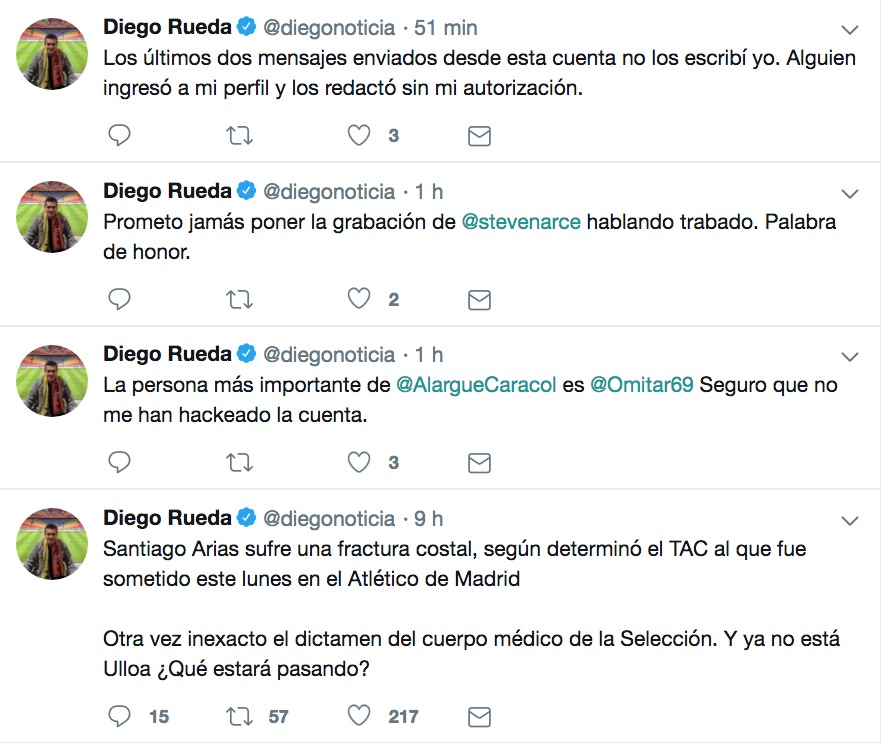 Cuenta de Twitter de Diego Rueda fue hackeada Cuenta de Twitter de Diego Rueda fue hackeada