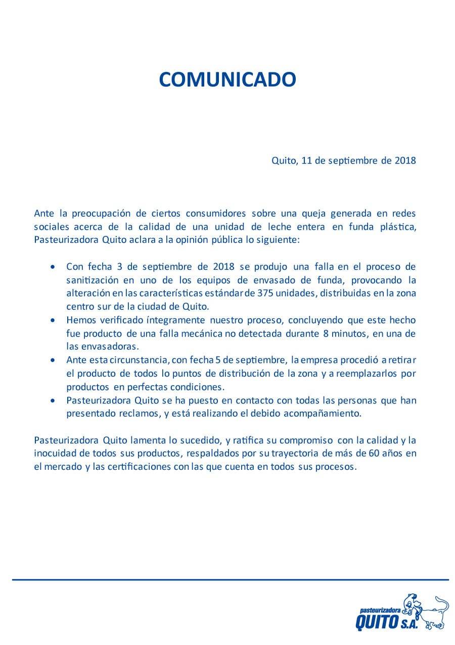 Comunicado de pasteurizadora Quito