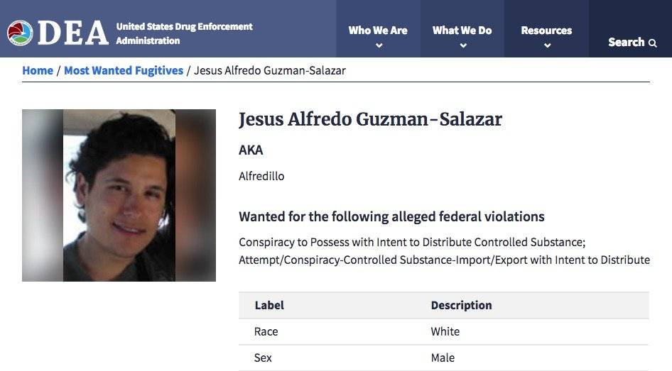Ficha de Jesús Alfredo Guzmán Salazar en el sitio web de la DEA