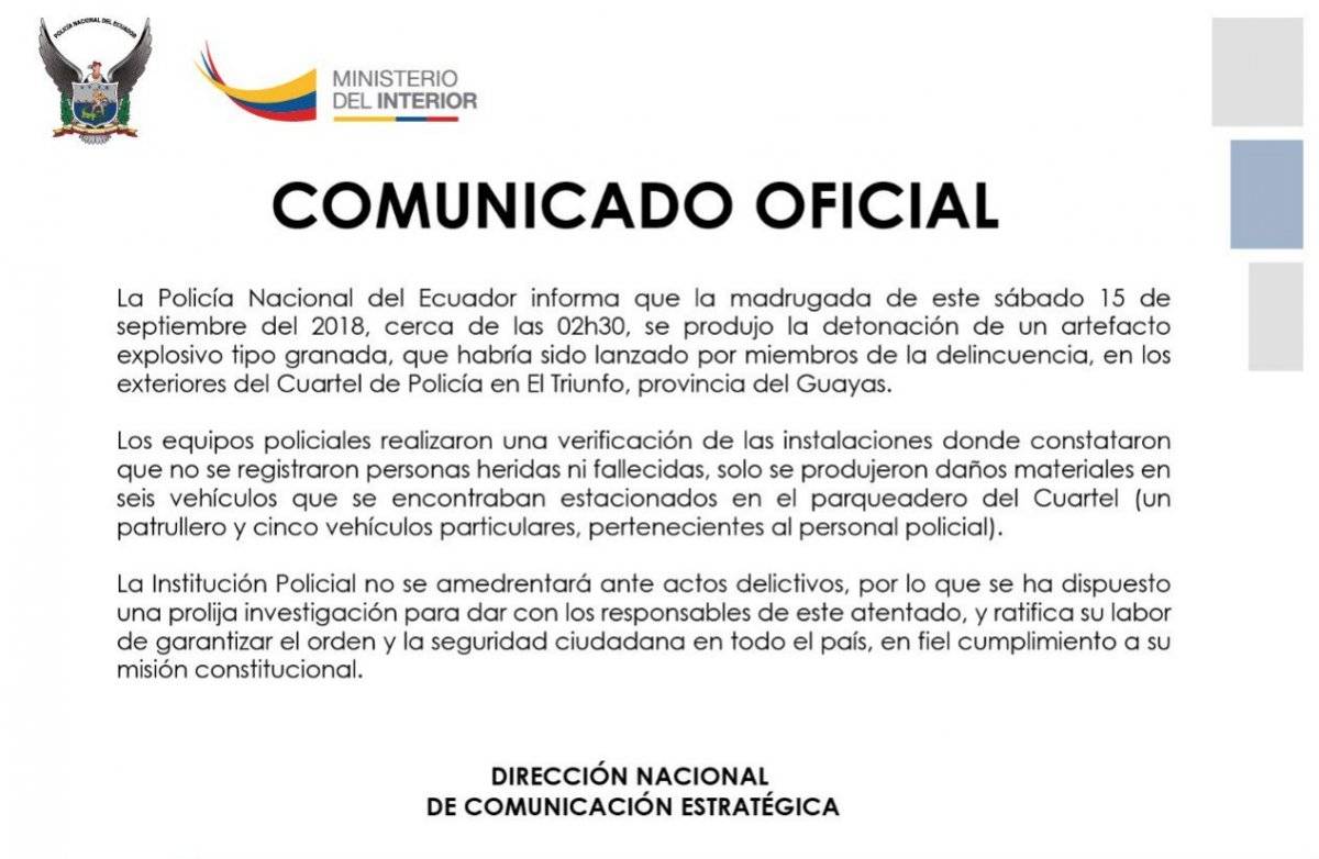 Un artefacto explosivo se detonó en los exteriores del Cuartel de Policía, en El Triunfo