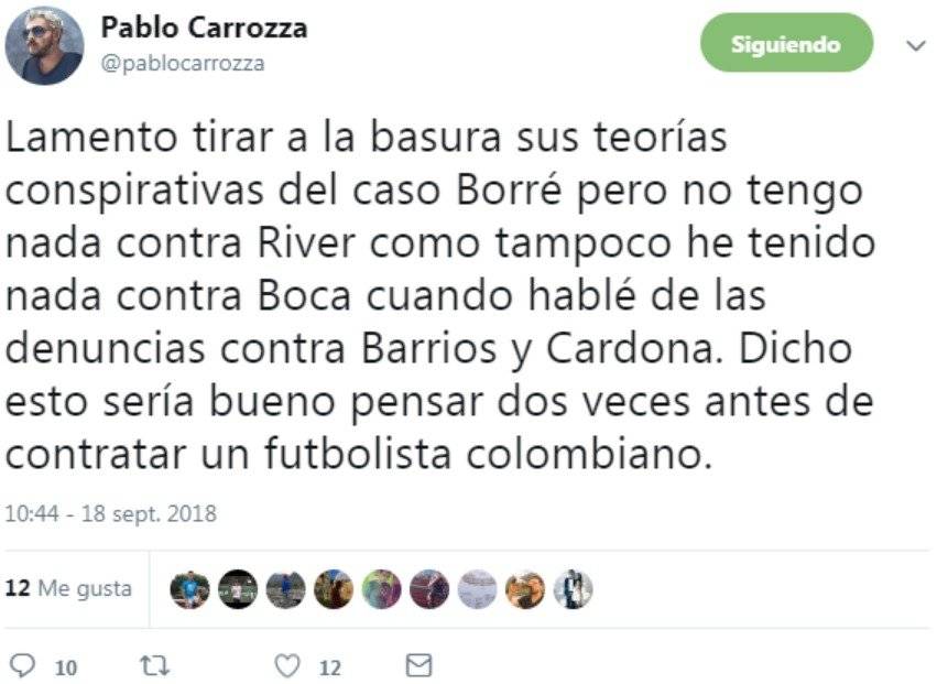 Pablo Carrozza lanzó comentario xenofóbico contra los jugadores colombianos