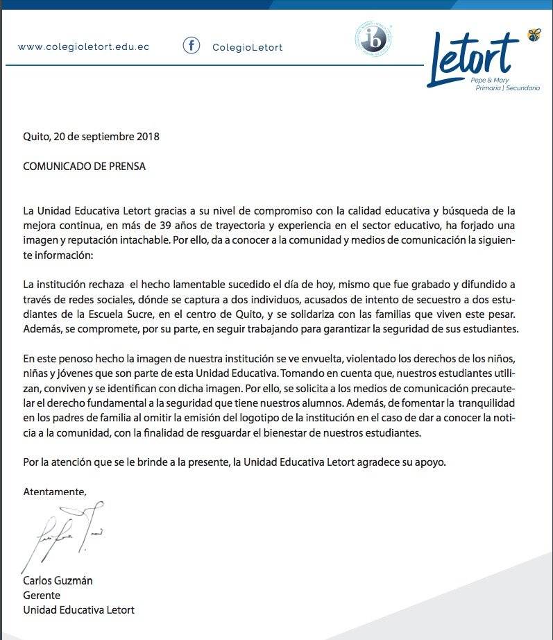 Quito: Intento de secuestro a un menor en la Unidad Educativa Sucre