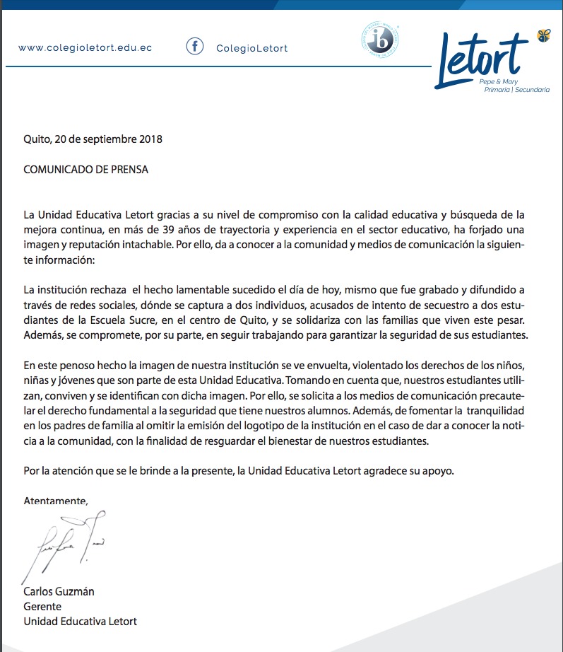 Quito: Intento de secuestro a un menor en la Unidad Educativa Sucre Quito: Intento de secuestro a un menor en la Unidad Educativa Sucre