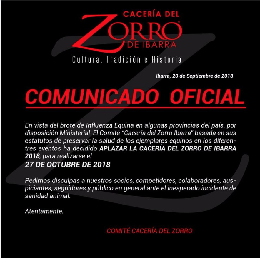 Cacería del Zorro 2018 de Ibarra se aplaza para el 27 de octubre Cacería del Zorro 2018 de Ibarra se aplaza para el 27 de octubre