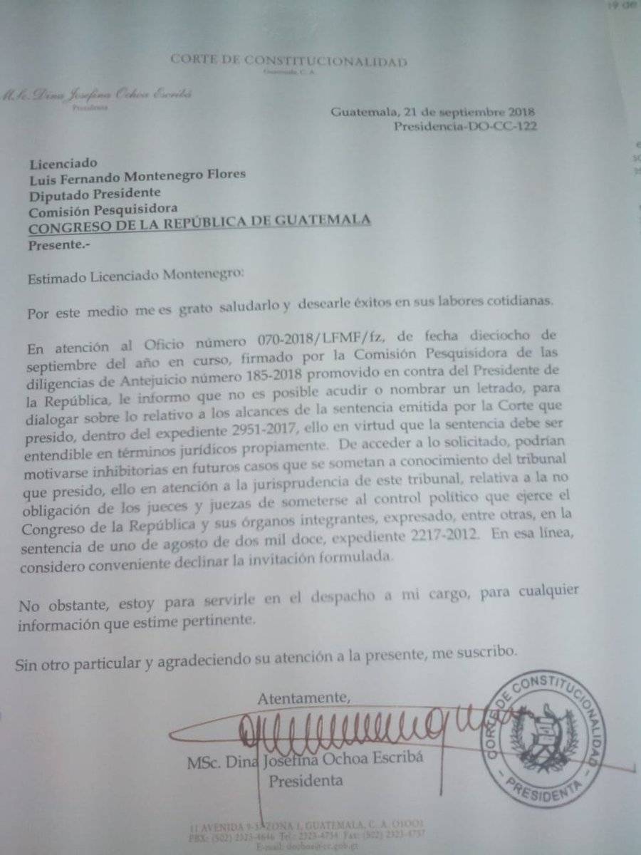 carta de magistrada de CC Dina Ochoa al Congreso