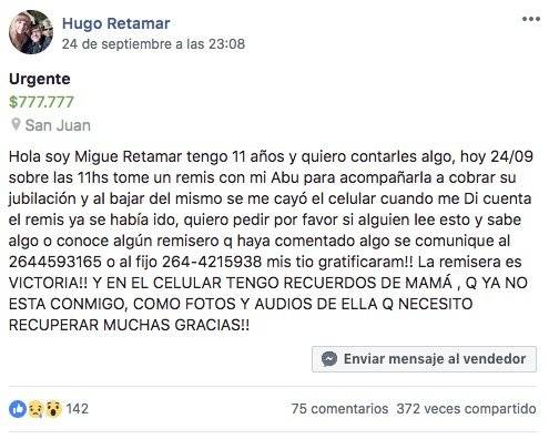 mensje Facebook niño celular