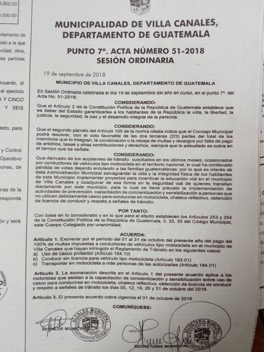 exoneración de multas para motoristas en Villa Canales