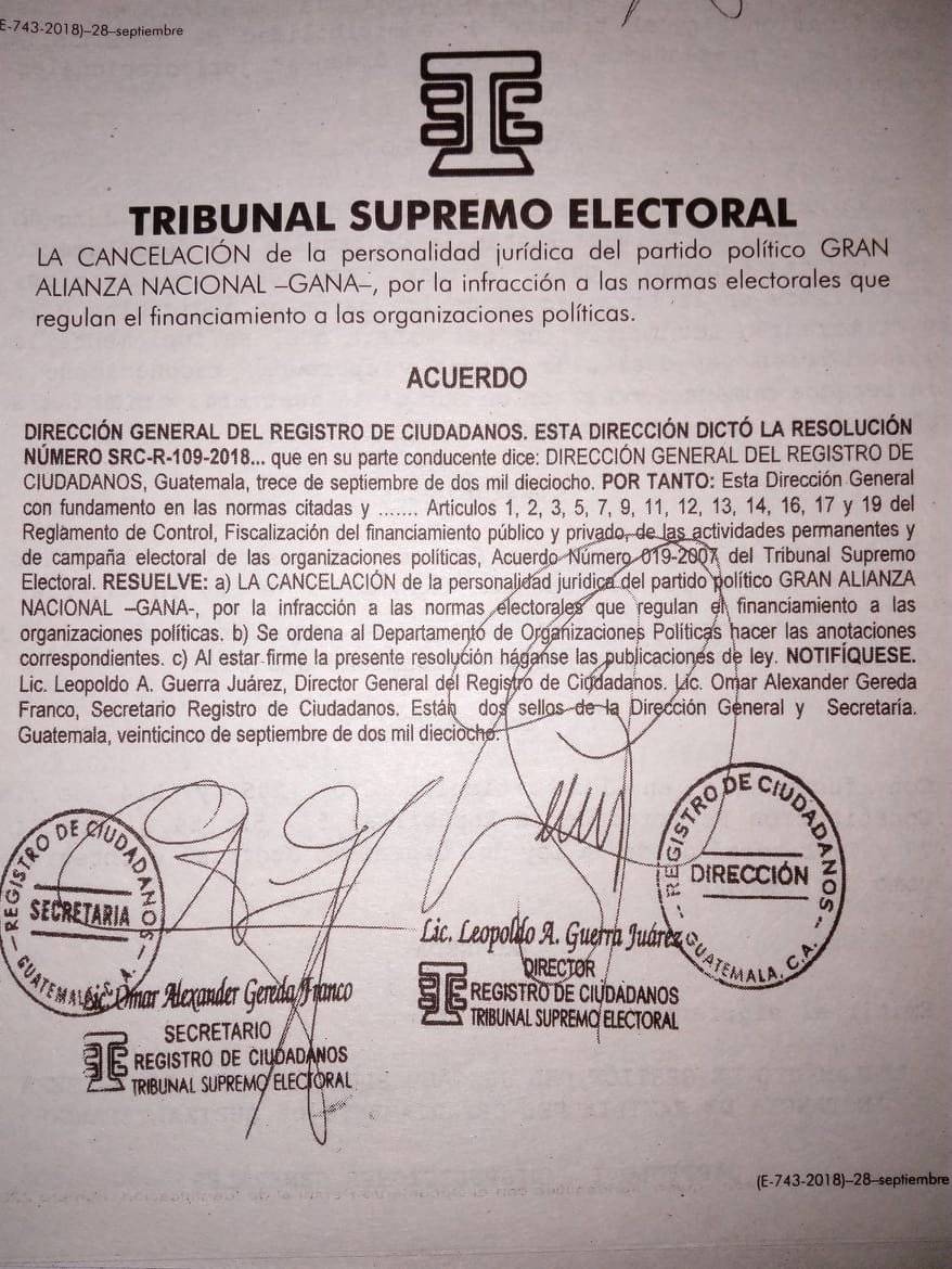 acuerdo de cancelación de GANA