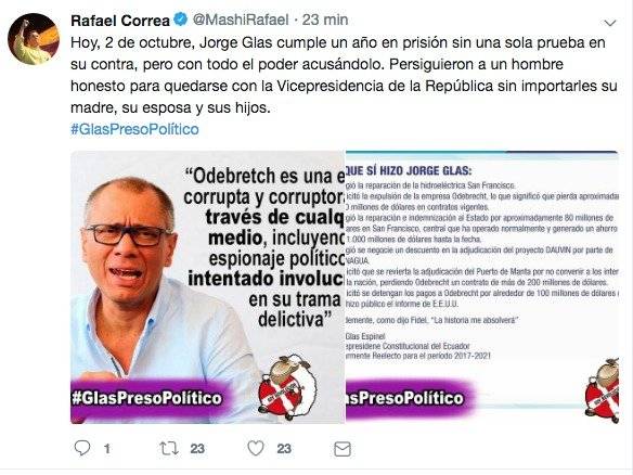 Rafael Correa dedicó un mensaje a Jorge Glas, que cumple año de prisión preventiva
